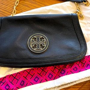 Tory Burch Britten leather black flap clutch shoulder bag